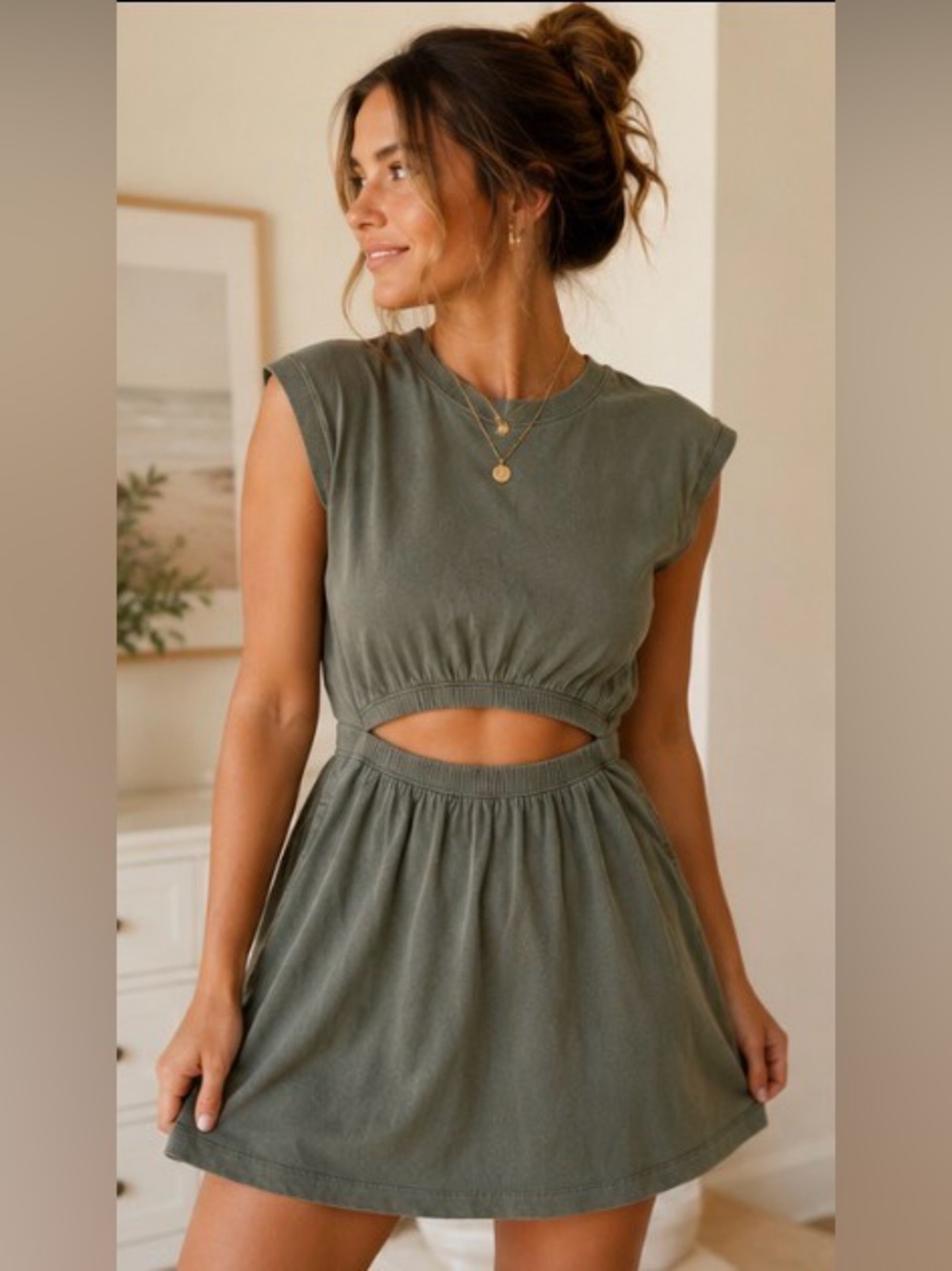 OFFLINE by Aerie Olive Green Cutout Mini Dress Size Small 100% Cotton